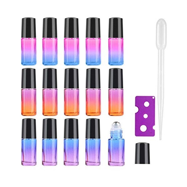 JamHooDirect Lot de 15 flacons de 5 ml pour huile essentielle en verre arc-en-ciel rechargeables avec boules en acier inoxyda