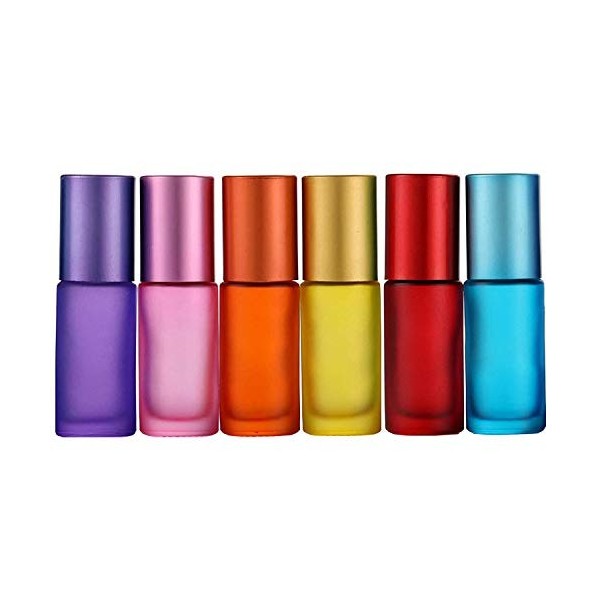 JamHooDirect Lot de 6 flacons de 5 ml pour huiles essentielles, vides rechargeables, en verre dépoli coloré avec 1 ouvre-bout