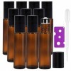 Lot de 10 flacons à bille rechargeables en verre ambré de 10 ml avec couvercles noirs par Yalаpo, 12 étiquettes, 1 comptegout