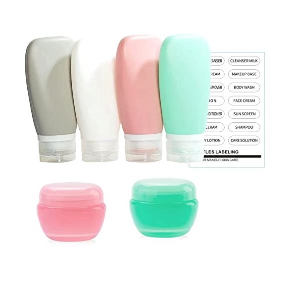 60ML Flacon Voyage en Silicone - Étanches Bouteille de Voyage Silicone,Flacons de Voyage Avion et 2 pots de crème,Flacons Kit