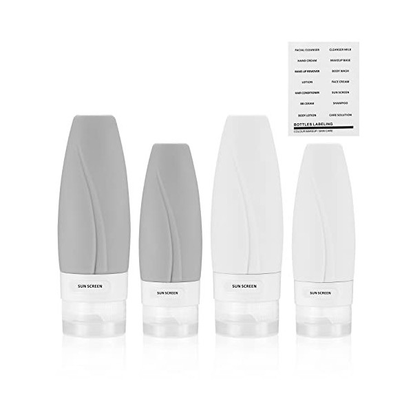 4 Pièces Flacons de Voyage en Silicone, 90 ml/60 ml Bouteille de Voyage Silicone, Récipient de Voyage Etanche pour Liquides S