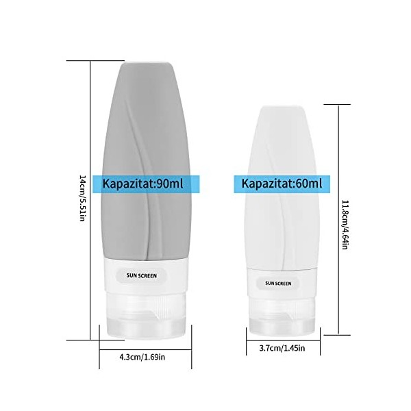 4 Pièces Flacons de Voyage en Silicone, 90 ml/60 ml Bouteille de Voyage Silicone, Récipient de Voyage Etanche pour Liquides S