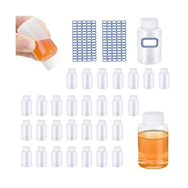 30 Pièces Flacons Vides en Plastique Portable, Bouteille de Voyage 20ml, Flacons en Plastique avec Bouchon à vis, 2 Autocolla
