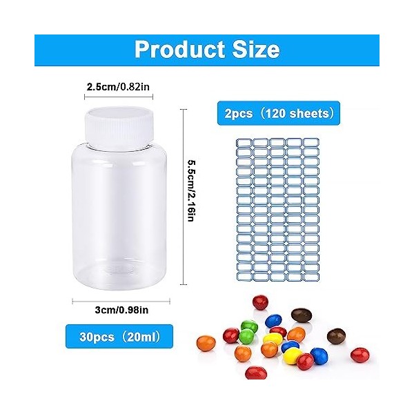 30 Pièces Flacons Vides en Plastique Portable, Bouteille de Voyage 20ml, Flacons en Plastique avec Bouchon à vis, 2 Autocolla