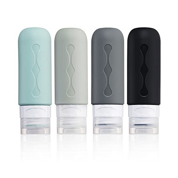 Gemice Lot de 4 bouteilles de voyage en silicone rechargeables et étanches pour lotions liquides, shampooings, savons et arti