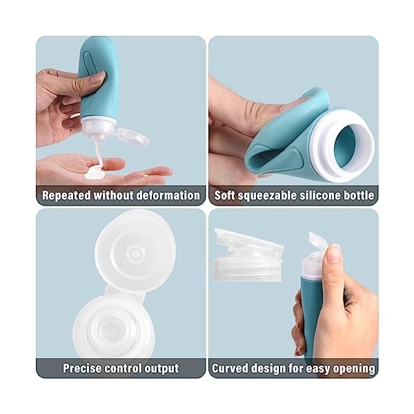 LoQuick 4pcs Flacons de Voyage en Silicone, Étanches Bouteille Vide de Voyage Accessoires de Voyage Aéroport Contenant pour S