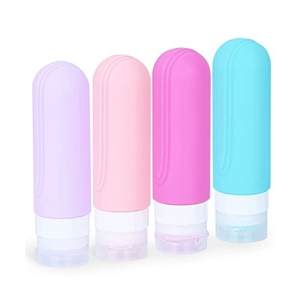 4 Pièces Étanches Bouteille de Voyage Silicone, Portable Rechargeables Contenant, pour Huile Solaire, Shampooing, Lotion, Gel