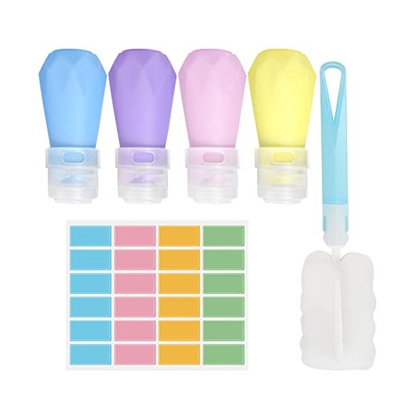 Sandiyago Flacons de Voyage 80ml, 4Pcs Étanches Bouteille de Voyage Silicone avec Étiquette et Brosse de Nettoyage, Bouteille