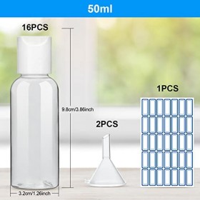 Lot de 16 petites bouteilles de voyage en plastique de 50 ml avec couvercles pour voyage ou cosmétique, lotion pour le corps
