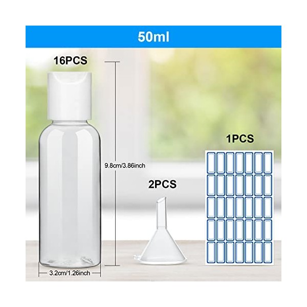 Lot de 16 petites bouteilles de voyage en plastique de 50 ml avec couvercles pour voyage ou cosmétique, lotion pour le corps