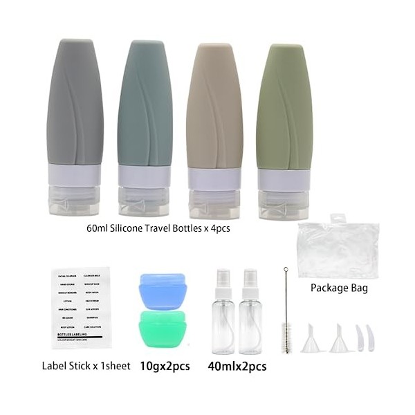 Lot de 11 flacons de voyage pour articles de toilette, conteneurs de voyage compressibles en silicone anti-fuite pour article