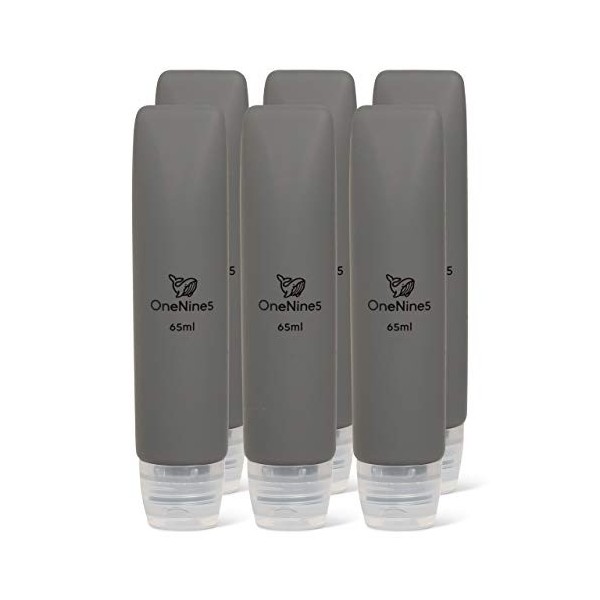 OneNine5 6-Pack of 65ml Grey Silicone & Reusable Travel Bottles. TSA/Airline Approved. With Squeezy, Refillable & Leak-Proof 