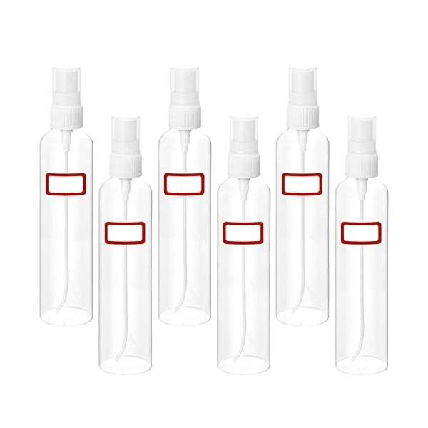 Foxbown Lot de 6 flacons pulvérisateurs rechargeables avec étiquettes, 40 ml, vides et transparents à brume fine
