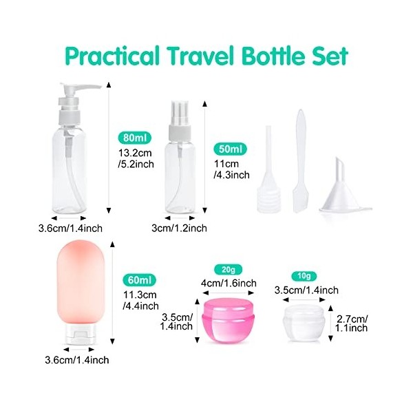 Lot de 13 bouteilles de voyage pour articles de toilette, étanches et rechargeables, conteneurs vides de liquide, bouteilles 