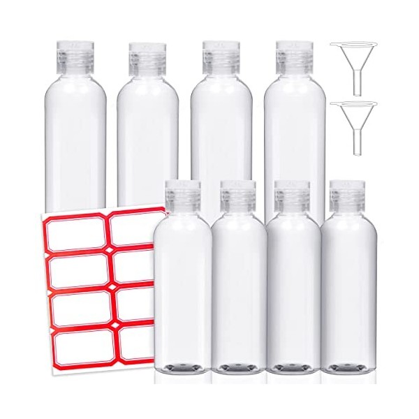 Liftroad Flacon Voyage – 8 Bouteilles 100ml Vides en Plastique Transparent – Kit Voyage Flacons avec 2 Entonnoirs & 8 étiquet