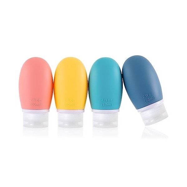 Flacons de Voyage,4pcs 60ml Étanches Bouteille de Voyage Silicone,Rechable Rechargeable Portable Vide de Voyage Bouteilles Ac