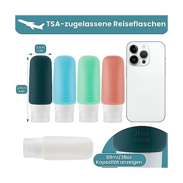 Flacons de Voyage, 5pcs Étanches Bouteille de Voyage Silicone, 88ml Rechable Rechargeable Portable Vide de Voyage Bouteilles 