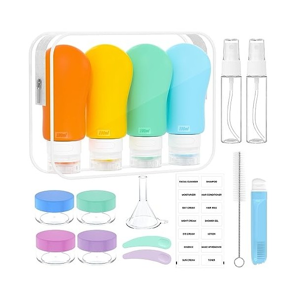 100mlX4 Flacons de Voyage, Bouteille de Voyage Étanches Silicone, Anti-Fuite, sans BPA, 17 Pièces Ensemble Flacons Voyage Aér