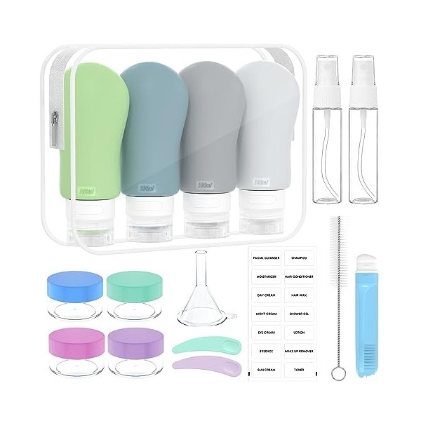 100mlX4 Flacons de Voyage, Bouteille de Voyage Étanches Silicone, Anti-Fuite, sans BPA, 17 Pièces Ensemble Flacons Voyage Aér