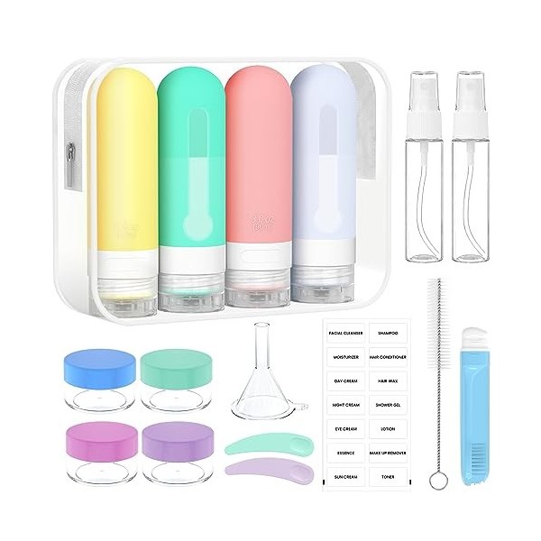 100mlX4 Flacons de Voyage, Bouteille de Voyage Étanches Silicone, Anti-Fuite, sans BPA, 17 Pièces Ensemble Flacons Voyage Aér