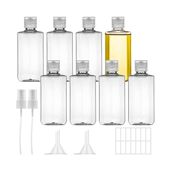Ysimple Lot de 8 bouteilles de voyage, bouteilles en plastique avec bouchon à transparent pour cosmétiques vides entonnoir et