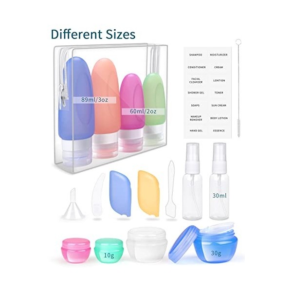 Opret Flacon de Voyage en Silicone, 18 Pcs 89ml Étanches Bouteille Vide Contenant Kit avec Étiquettes pour Shampoing, Lotion 