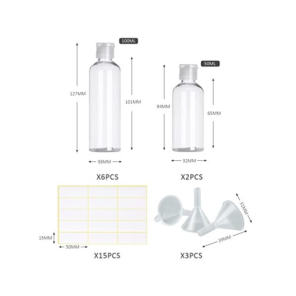 6 bouteilles de voyage de 100 ml et 2 bouteilles de 50 ml, avec 3 entonnoirs et étiquettes autocollantes, sous-embouteillage 