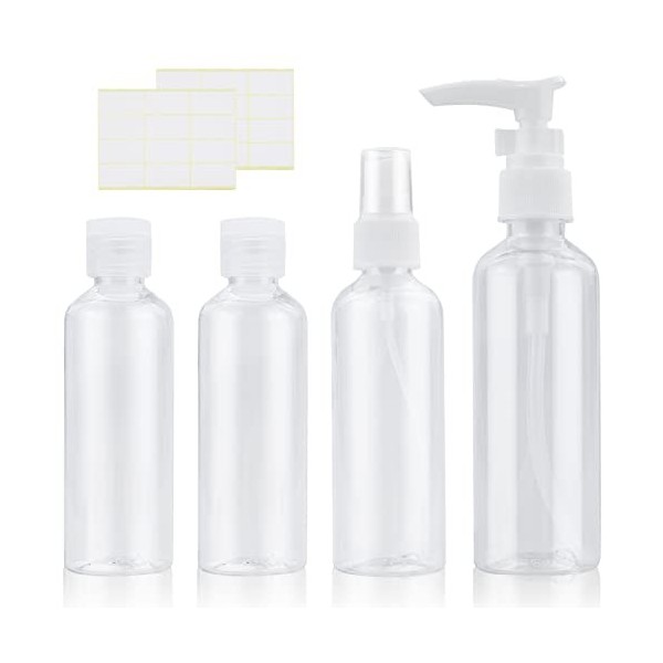 Lot de 4 flacons de voyage transparents de 100 ml pour lotion, gel douche, shampooing avec 2 étiquettes