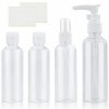 Lot de 4 flacons de voyage transparents de 100 ml pour lotion, gel douche, shampooing avec 2 étiquettes