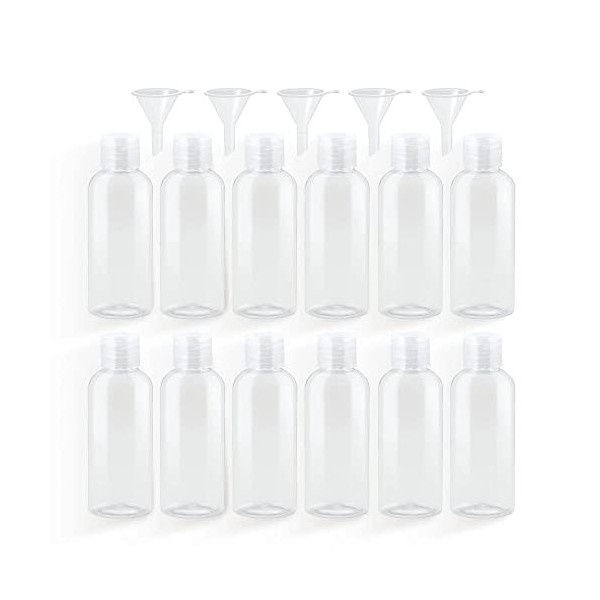 12 Pièces Bouteilles de Voyage, 50 ml en Plastique avec 5 Petits Entonnoirs, Kit de Voyage pour Liquides, Conteneur de Gel de