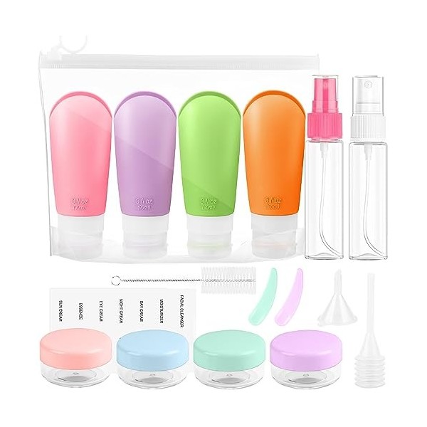 Jognee 17 Pièces Flacons de Voyage en Silicone, Revivoer Flacon Voyage Rechargeable et Étanche Contenant Voyage sans BPA Set 