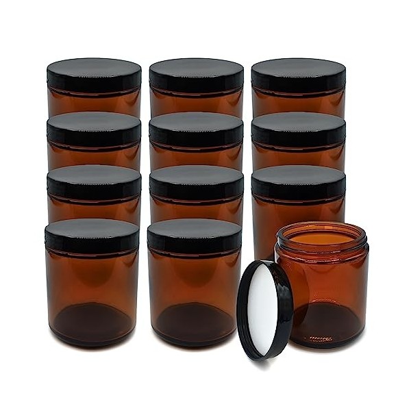 Pots en Verre Brun Lot de 12 - Contenant Cosmetique Vide avec Couvercles à Visser et doublures Blanches pour Crèmes, Lotion