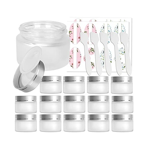 Lot de 15 bocaux ronds en verre transparent de 60 ml avec couvercles noirs et doublures intérieures, vides rechargeables pour