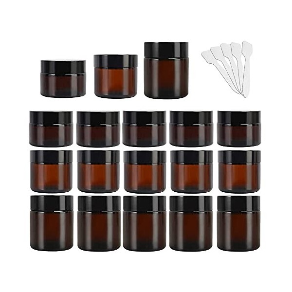 Yishik Lot de 15 bocaux ronds vides en verre ambré de 28,3 g, 56,7 g, 113,4 g, récipients de voyage en verre rechargeables av