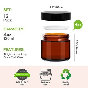 Lot de 12 mini bocaux ronds en verre ambré de 118 ml avec couvercles noirs et doublures intérieures, flacons cosmétiques vide