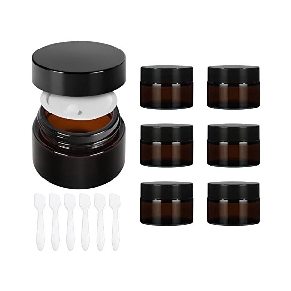 Yishik Lot de 6 pots ronds vides en verre ambré de 118 ml avec couvercles noirs, pour cosmétiques, crème pour le visage, poud