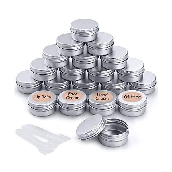 Pots en Aluminium, 20 Pièces Conteneurs Cosmétiques Vide pots de Voyage Rondes avec Mini Spatule et étiquette pour Maquillage