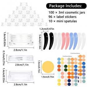 RUIJIE 100 Pcs 3g/3ml Contenants Cosmétiques Transparent avec 10 Spatule & 96 Autocollants, Pots Cosmétiques en Plastique, Mi