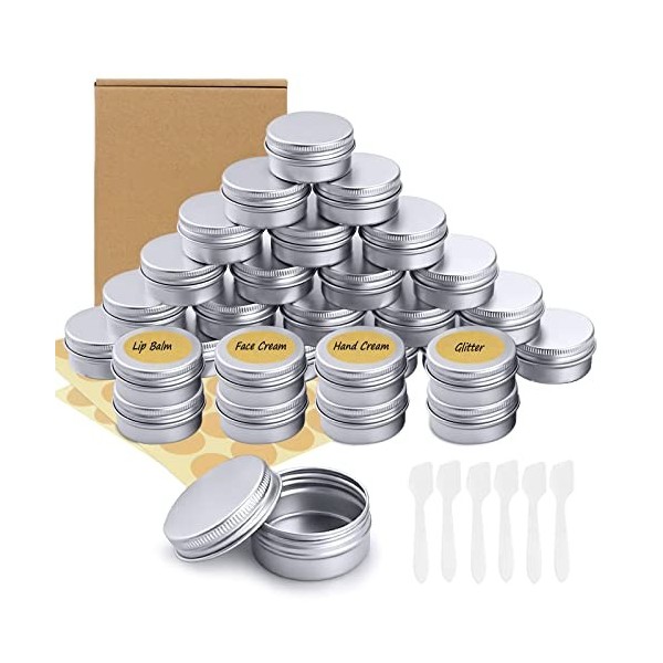 VEUWOLM 30 Pièces Pots en Aluminium de 15 ML, Pots de Contenants Cosmétiques Vides Pots de Voyage Rondes avec Mini Spatule et