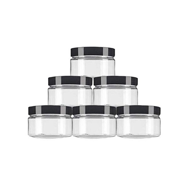 Lot de 6 pots vides en plastique transparent avec couvercle noir - 250 ml - Pour maquillage, crème, lotion, fard à paupières,