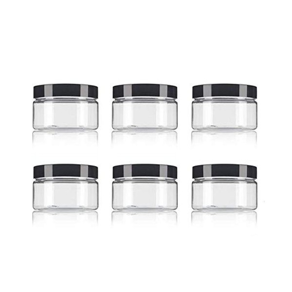 Lot de 6 pots vides en plastique transparent avec couvercle noir - 250 ml - Pour maquillage, crème, lotion, fard à paupières,