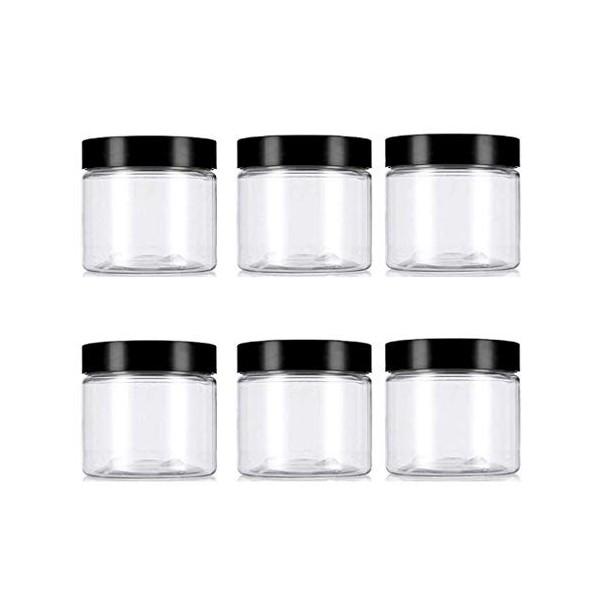 VASANA Lot de 6 pots vides en plastique transparent avec couvercles noirs - 250 ml - Pour crèmes, lotions, pommades et cosmét