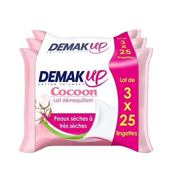 DemakUp Cocoon Lingettes à démaquiller - Visage et Yeux - Peaux Sèches à Très Sèches - 3x25 Lingettes démaquillantes