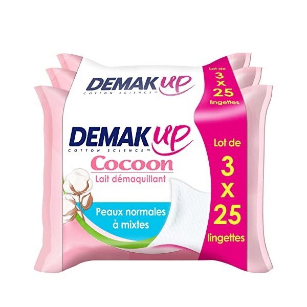 DemakUp Cocoon Lingettes à démaquiller - Visage et Yeux - Peaux Sèches à Très Sèches - 3x25 Lingettes démaquillantes