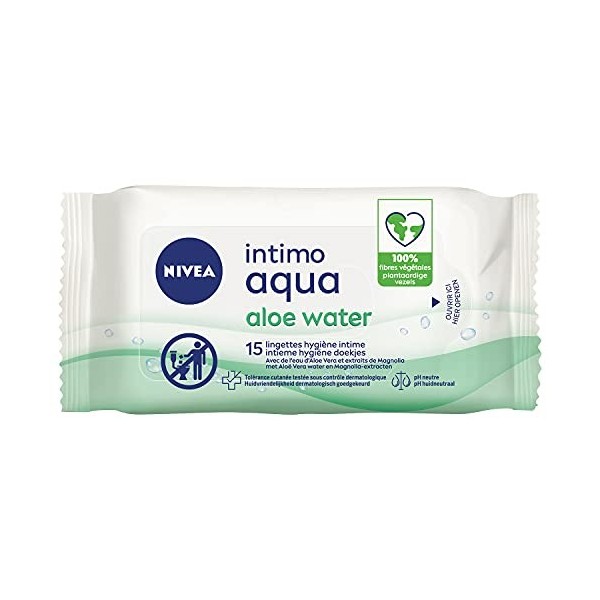 NIVEA Intimo Aqua Lingettes Hygiène Intime 1 x 15 Pces , Lingettes nettoyantes hydratantes à l’Aloe Vera & Extrait de Magnol