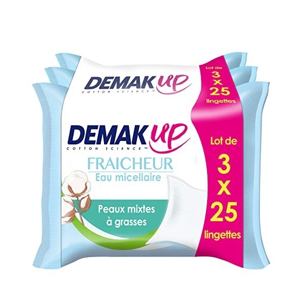 DemakUp Fraîcheur Lingettes à démaquiller - Visage et Yeux - Peaux Mixtes à Grasses - 3x25 Lingettes démaquillantes