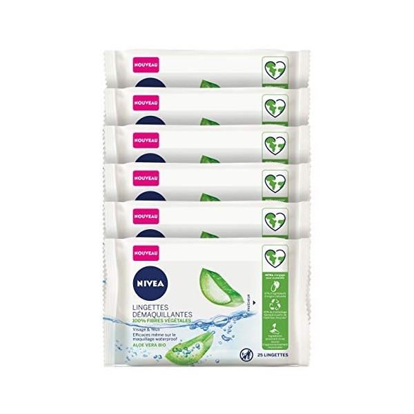 NIVEA Lingettes démaquillantes Aloe Vera 100 % Fibres végétales 6 x 25 pcs , démaquillant visage pour tous types de peaux, l