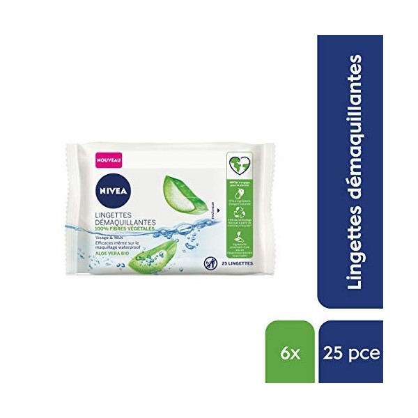 NIVEA Lingettes démaquillantes Aloe Vera 100 % Fibres végétales 6 x 25 pcs , démaquillant visage pour tous types de peaux, l