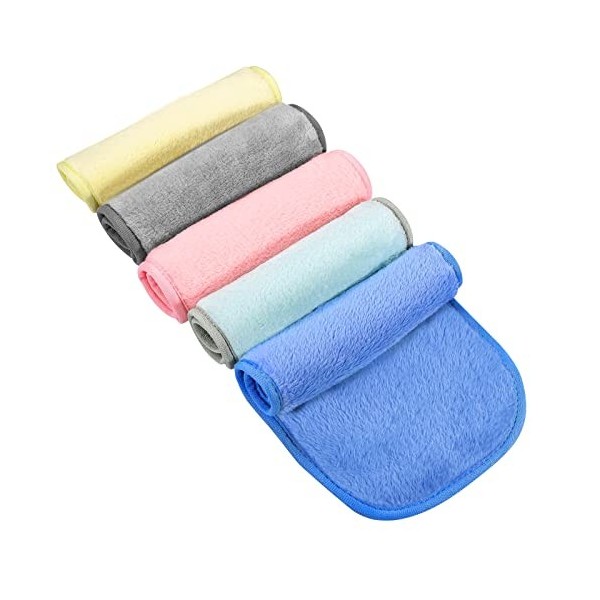 Lot de 5 chiffons démaquillants, 40 x 20 cm en flanelle pour le visage jaune, vert menthe, bleu, rose corail + gris 