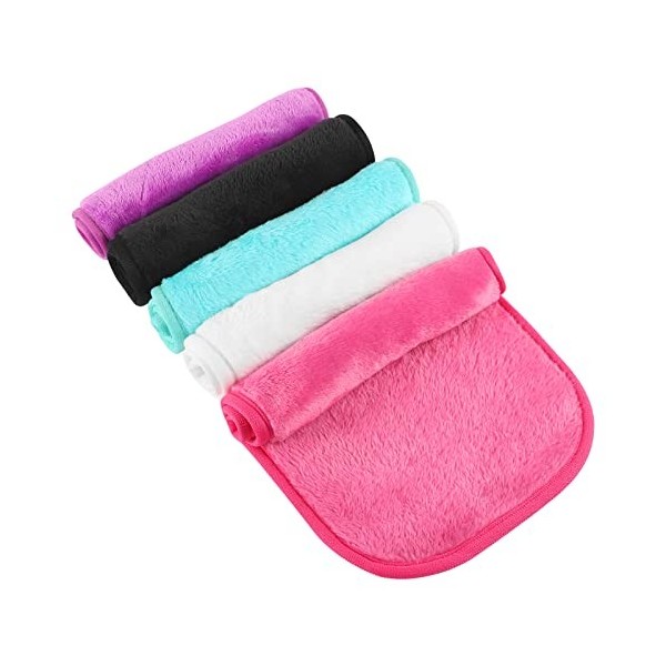 Lot de 5 chiffons démaquillants en flanelle pour le visage et le démaquillage des peaux sensibles noir, violet, rouge cerise